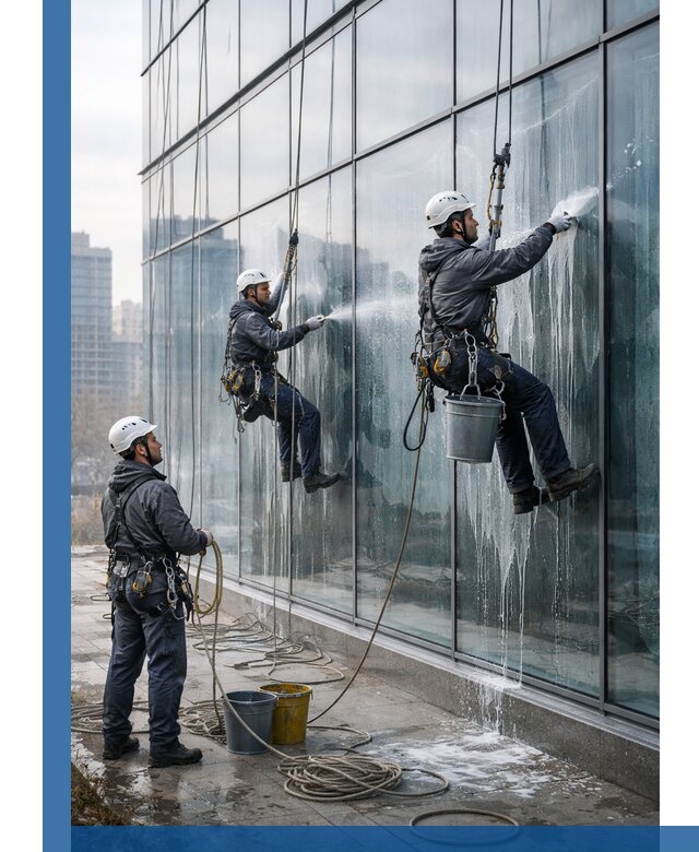 Промышленная мойка панорамных окон на высоте в Махачкале