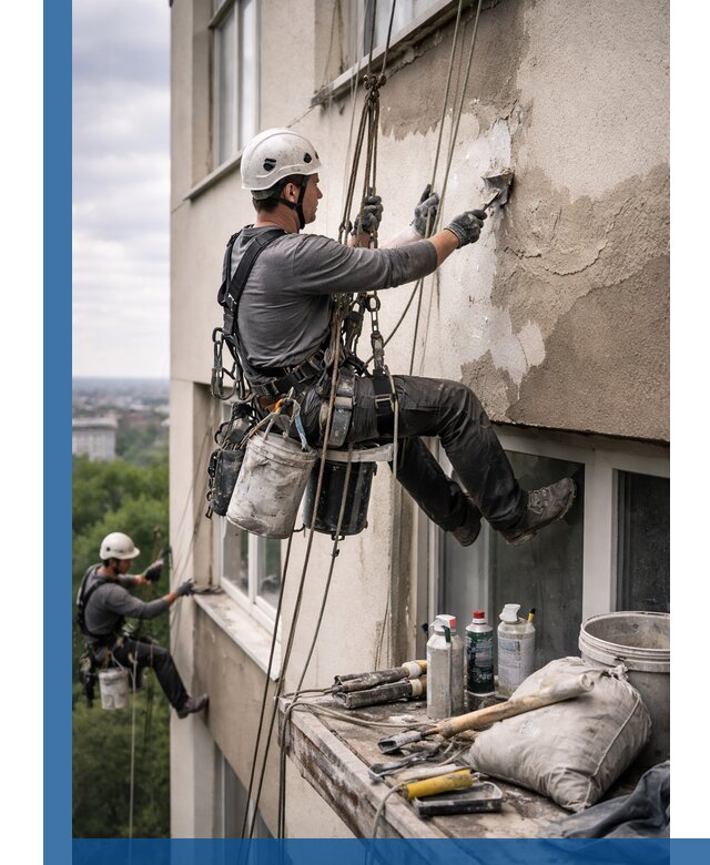 Косметический ремонт фасада зданий в Махачкале промышленными альпинистами