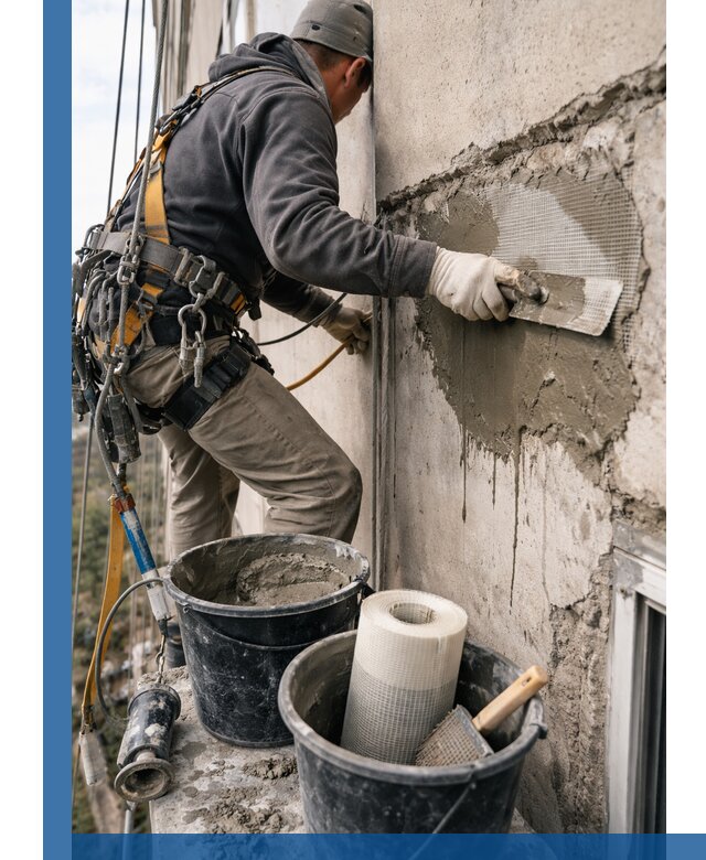 Ремонт бетонных элементов фасада промышленными альпинистами в Махачкале