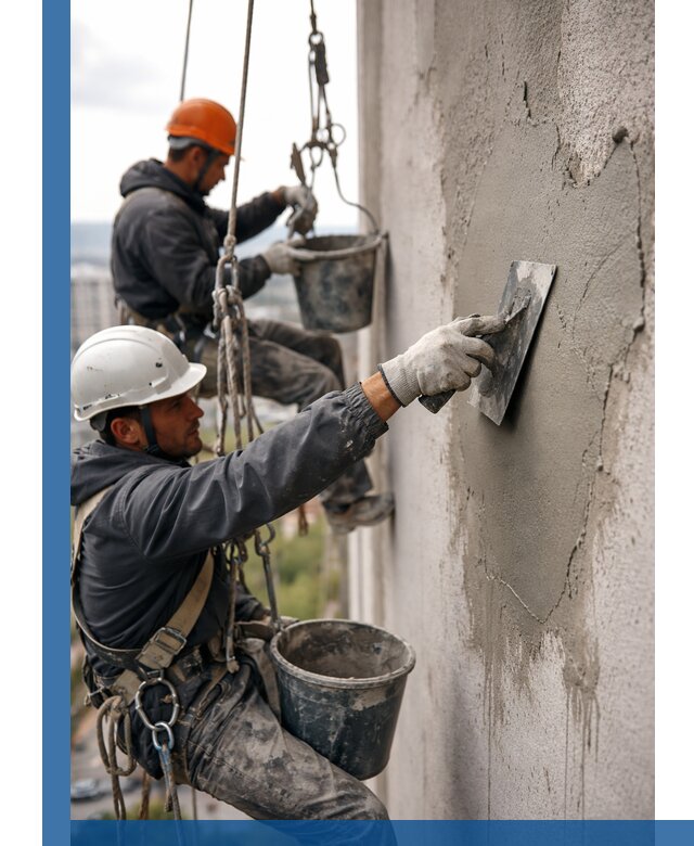 Штукатурка фасада на высоте в Махачкале профессиональные работы