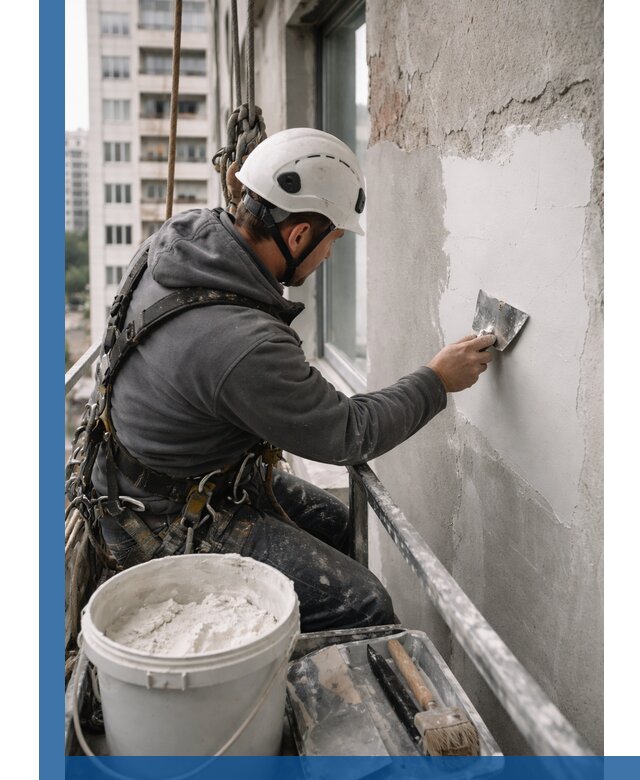 Шпаклевка фасадов на высоте с промальпинистами в Махачкале