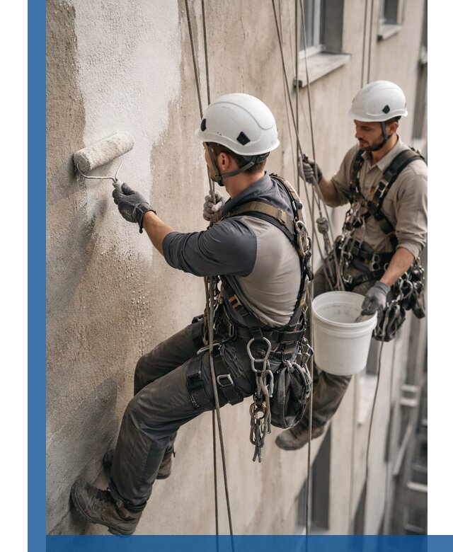 Грунтовка фасада на высоте в Махачкале промышленными альпинистами