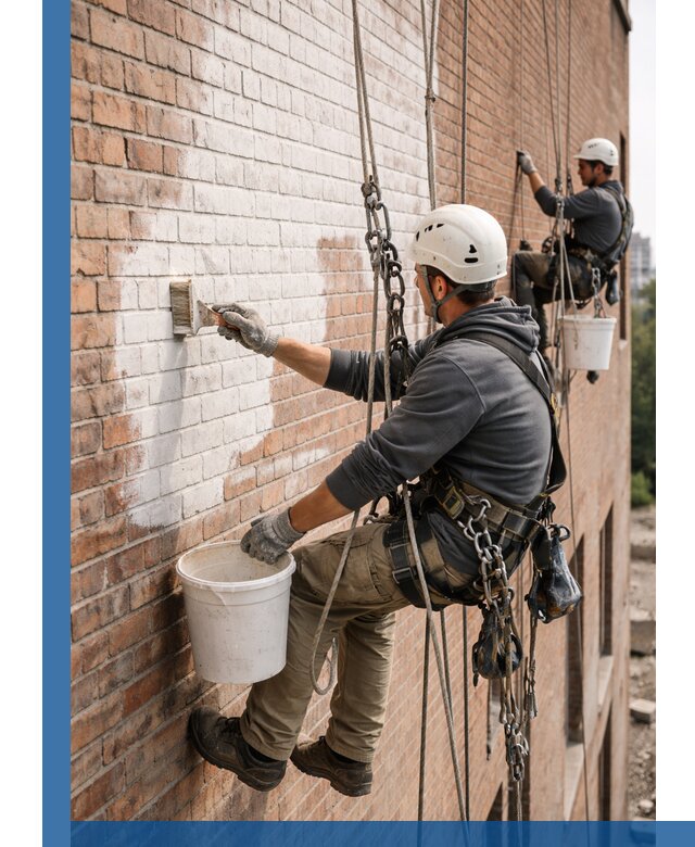Покраска кирпичного фасада с доступным альпинистским сервисом в Махачкале