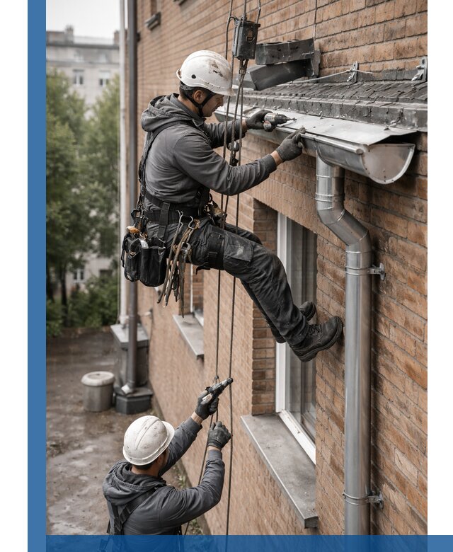 Монтаж водосточной системы на здании в Махачкале под ключ