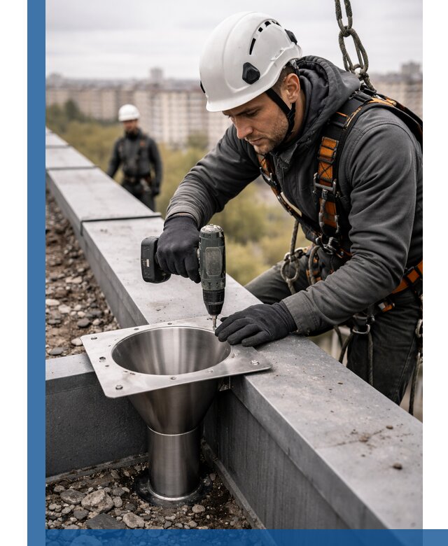 Монтаж водосточных воронок в Махачкале для промышленных зданий