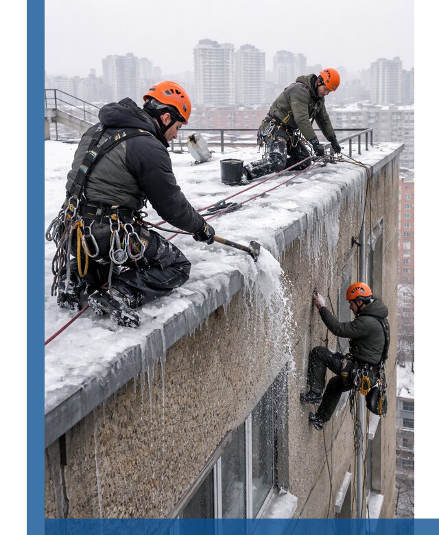 Удаление наледи с кровли в Махачкале промышленными альпинистами