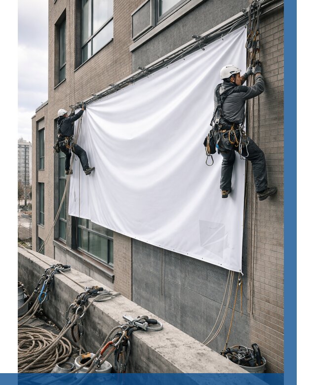 Монтаж баннеров на фасаде в Махачкале от 673 р. заказать ВЫСОТНИК-Мхч