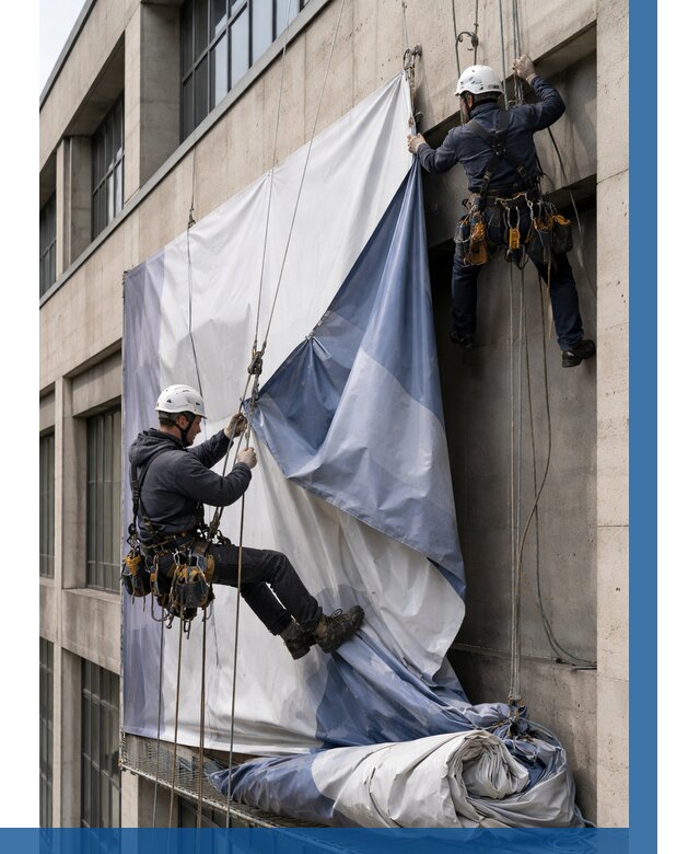 Демонтаж баннеров с фасада в Махачкале от 4660 р. | ВЫСОТНИК-Мхч