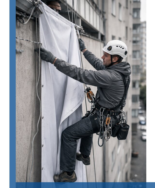 Замена баннерного полотна промышленными альпинистами в Махачкале