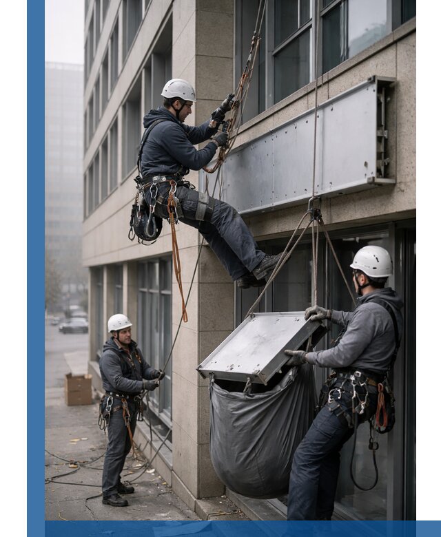 Демонтаж рекламной вывески с высотными работами в Махачкале