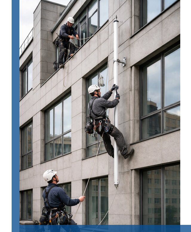 Монтаж флагштока на фасаде здания с креплением и герметикой в Махачкале