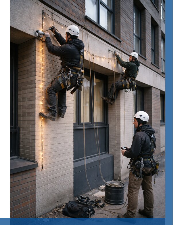 Монтаж гирлянд на фасаде в Махачкале от 3624 р. | ВЫСОТНИК-Мхч