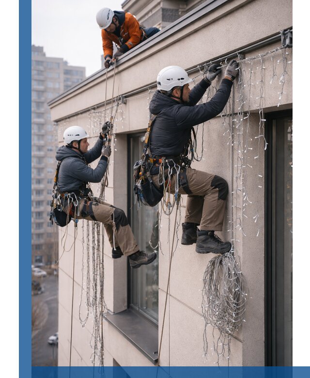 Монтаж праздничных гирлянд на фасаде в Махачкале для зданий