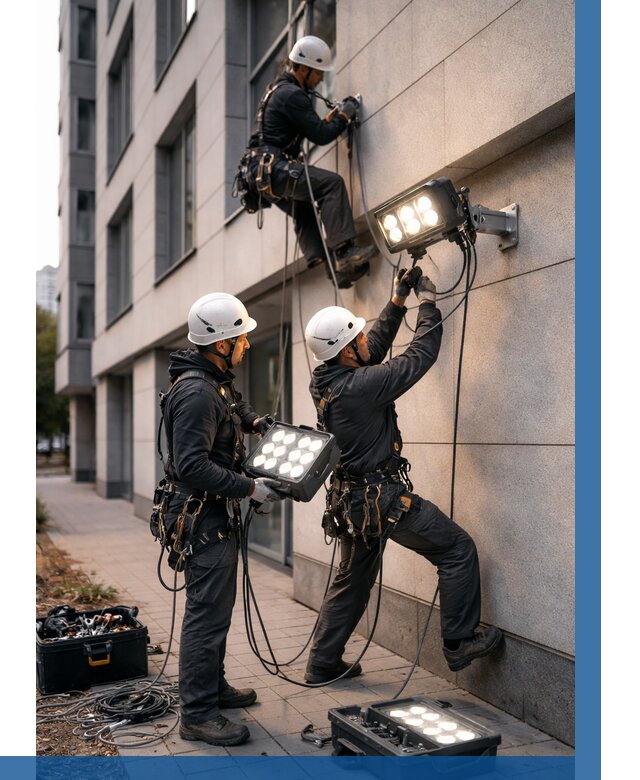 Монтаж прожекторов на фасаде в Махачкале от 7766 р. | ВЫСОТНИК-Мхч