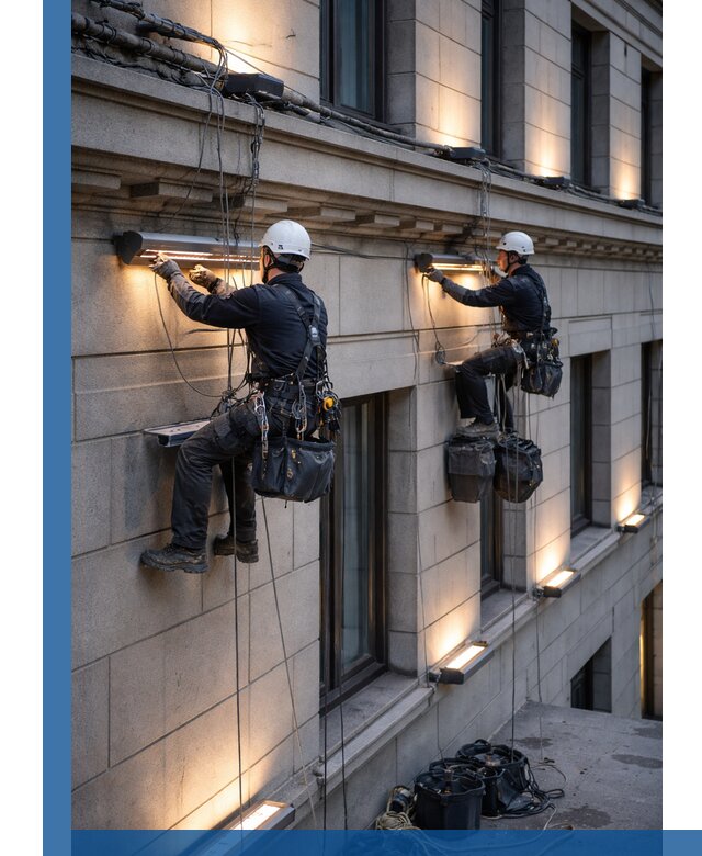 Монтаж архитектурной подсветки фасадов зданий в Махачкале