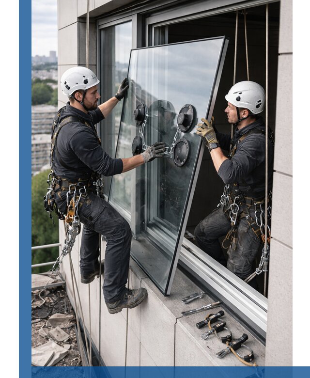 Замена стеклопакетов на высоте с промышленными альпинистами в Махачкале