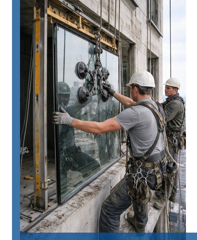 Монтаж стеклопакетов на высоте в Махачкале с промышленным альпинизмом