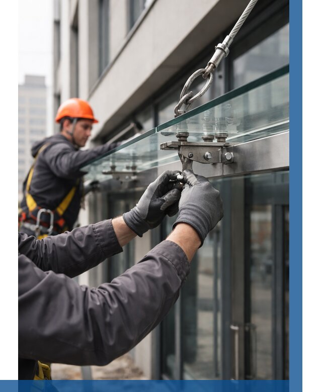 Монтаж стеклянных козырьков в Махачкале от 8802 р. | ВЫСОТНИК-Мхч