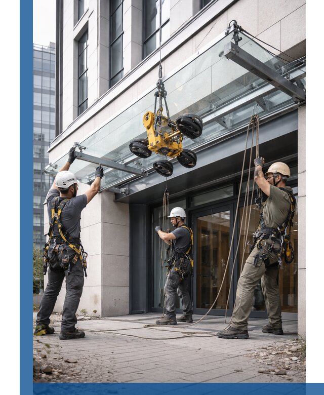 Монтаж стеклянных козырьков под ключ в Махачкале для зданий