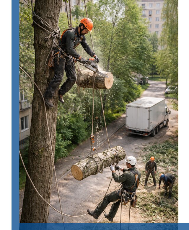 Спил деревьев альпинистами в Махачкале, безопасно и без повреждений