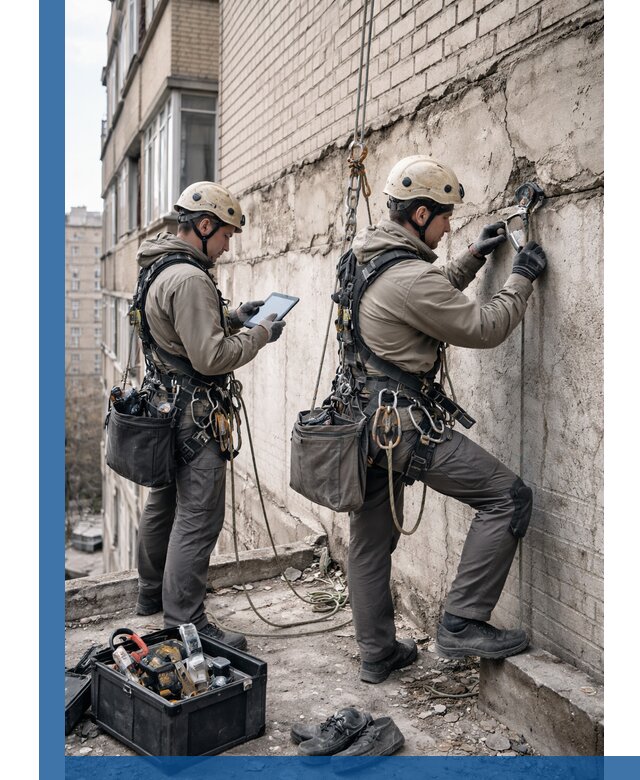 Обследование фасада промышленными альпинистами в Махачкале